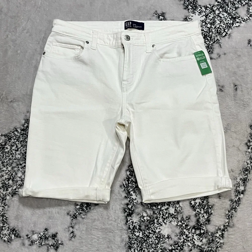 Gap Denim 9 Inch Bermuda Shorts White Womens Size 8 29 Mid Rise Cuffed Hem